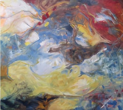 An abstract painting of a bird flying towards freedom.