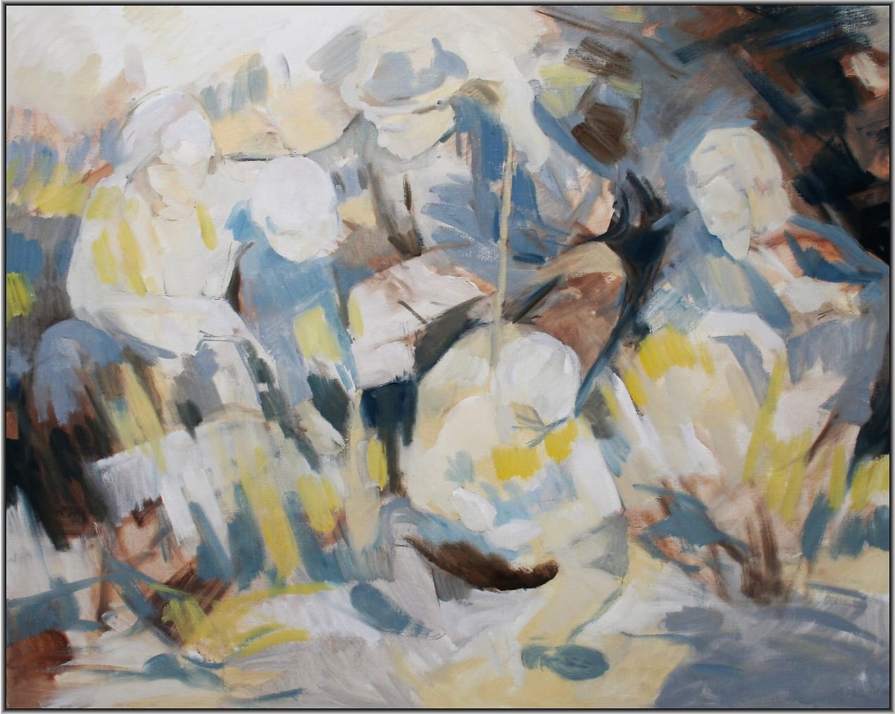 Abstract painting of a familyportrait based on an old black and white photo from father, mother and three children.