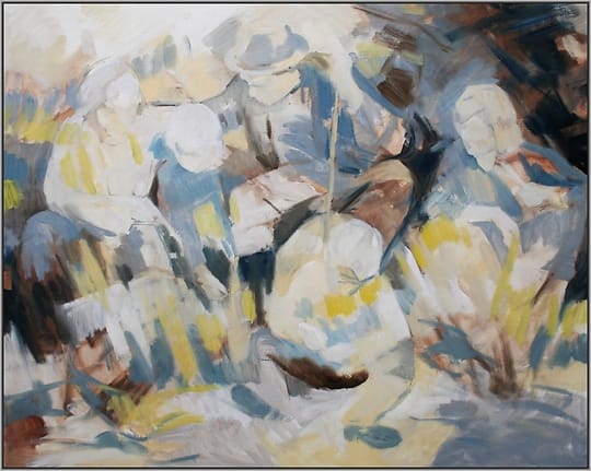 Abstract painting of a familyportrait based on an old black and white photo from father, mother and three children.