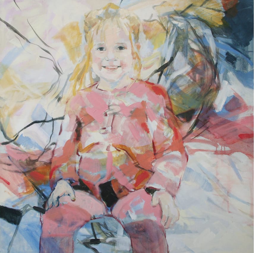 Painting of a smiling little girl sitting on a table.