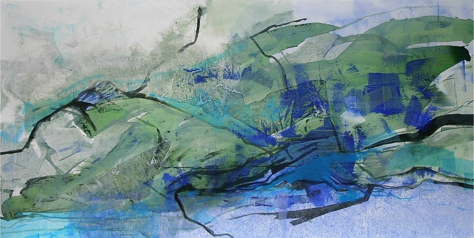 Commissioned abstract landscape painting with large green and blue planes and sharp black lines.