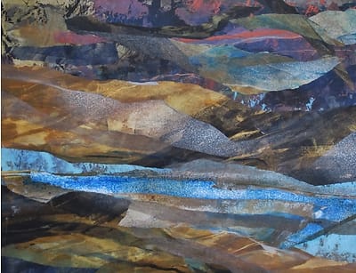Collage of painted pieces of paper resembling clear water over a rocky riverbed.