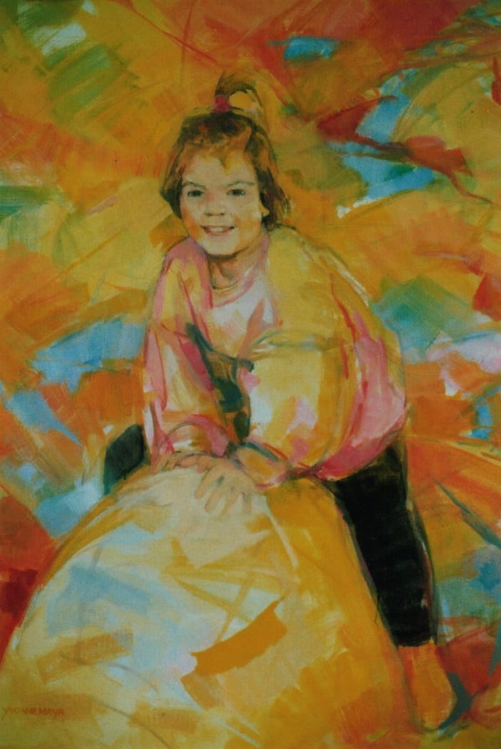 Portrait in oil on canvas of a climbing little girl