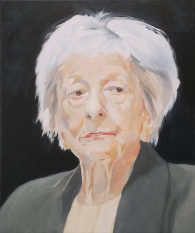 Old lady with white hair looking to her left, on a black background.