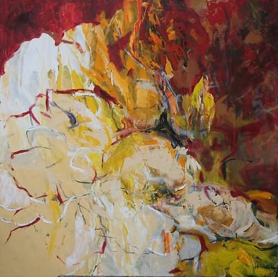 Abstract oil painting of white flowers on a red-brown background