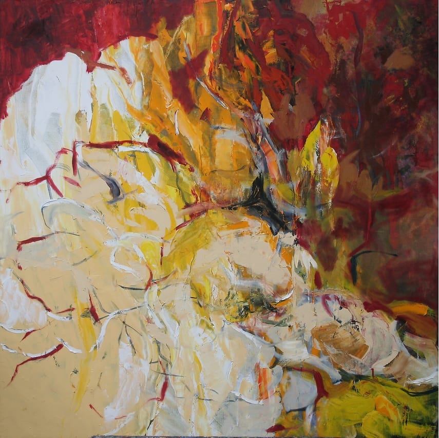 Abstract oil painting of white flowers on a red-brown background