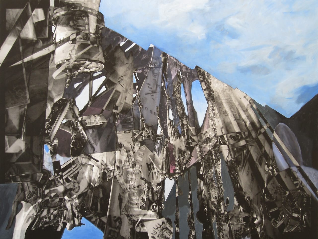 Painted digital collage resembling the bottom of a mountain against a clear blue sky.