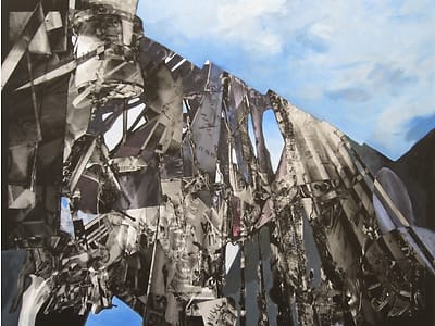 Painted digital collage resembling the bottom of a mountain against a clear blue sky.