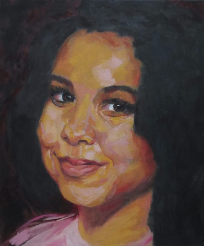 Realistic oil portrait of a laughing surinamese girl.