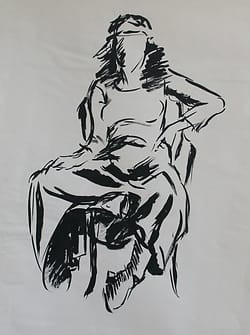 Inkdrawing of a young woman with a long skirt with her legs pulled up.