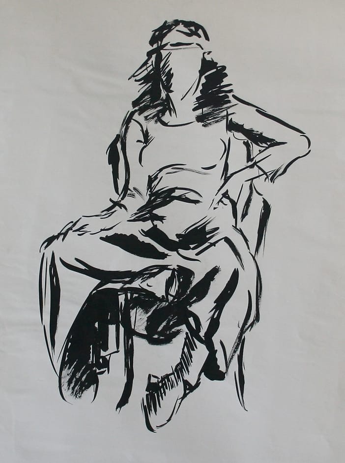 Inkdrawing of a young woman with a long skirt with her legs pulled up.