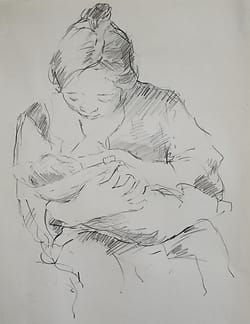 Drawing of a japanese mother breastfeeding