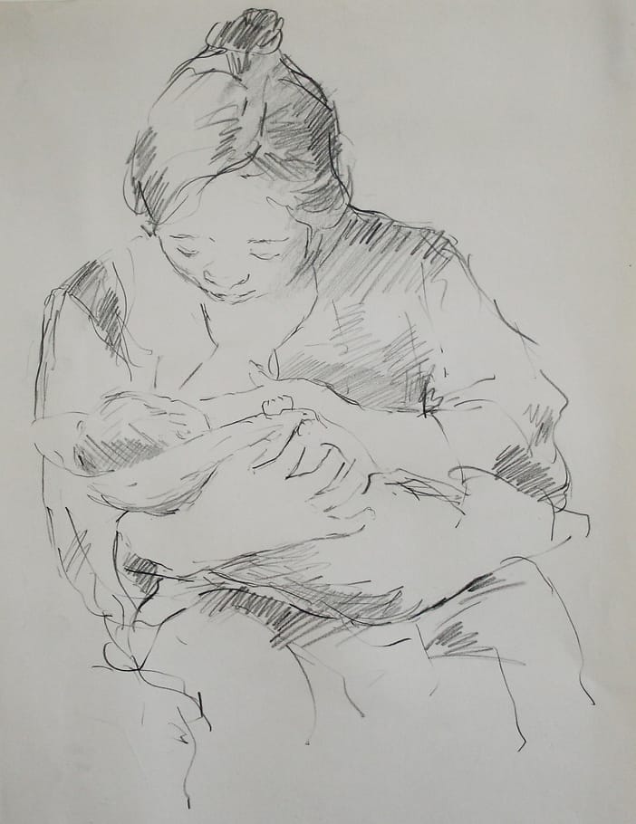 Drawing of a japanese mother breastfeeding