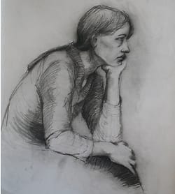 Drawing of a sitting woman, chin supported by her hand, seen from the side.