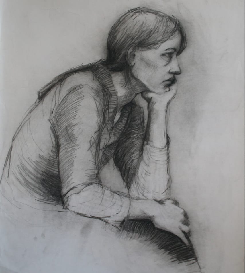 Drawing of a sitting woman, chin supported by her hand, seen from the side.