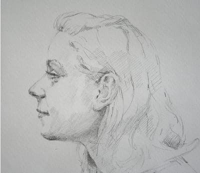 Portraitdrawing of a young woman with flowing hair, seen from the side.