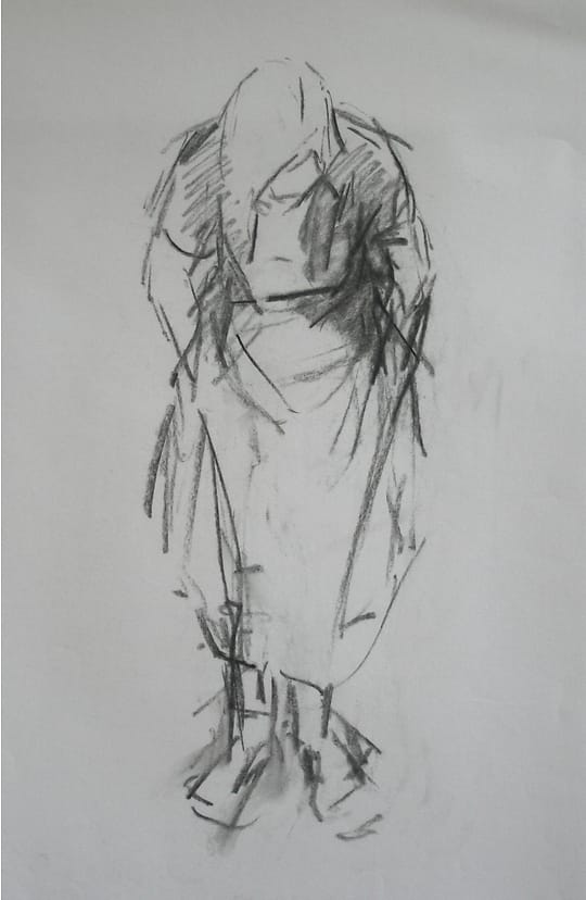 Charcoaldrawing of a young woman dressing herself.