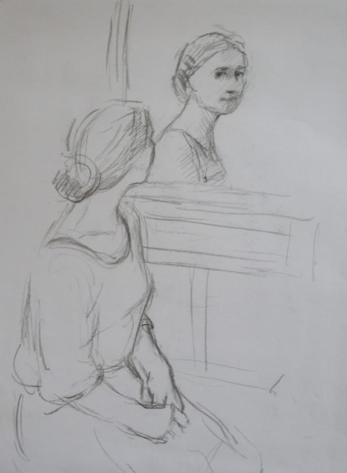 Pencildrawing of a woman sitting in front of a woman, looking at herself, with her hands in her lap.
