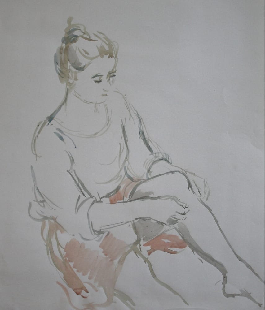 Watercolor of a young woman putting on her stockings.