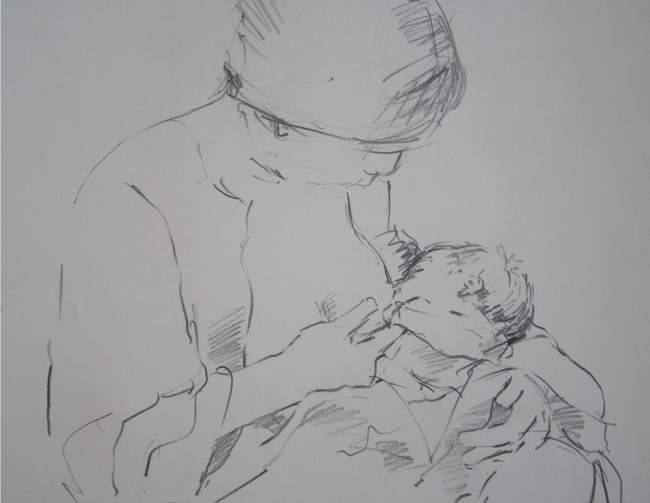 Pencildrawing of a japanese woman breastfeeding her baby