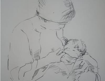Pencildrawing of a japanese woman breastfeeding her baby