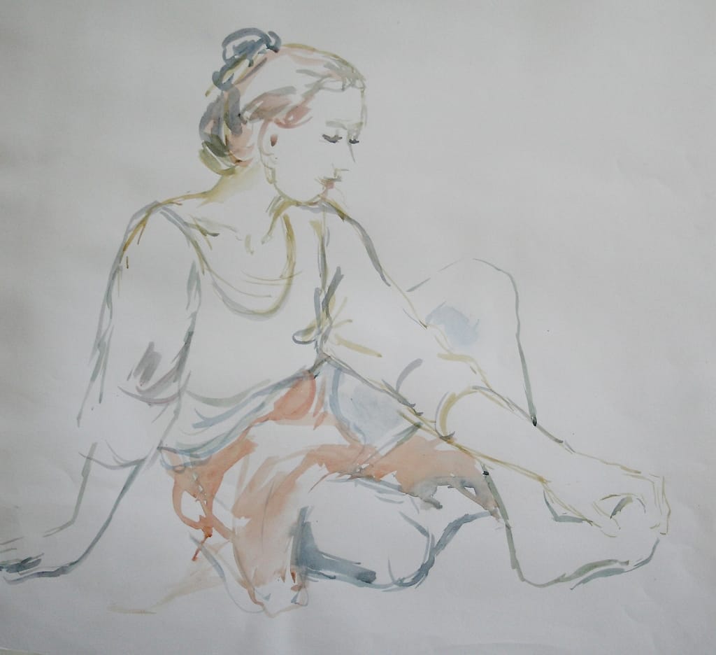 Watercolor of sitting woman.