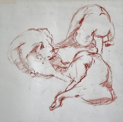 Drawing of a cat washing itself in three positions, drawn with red chalk.