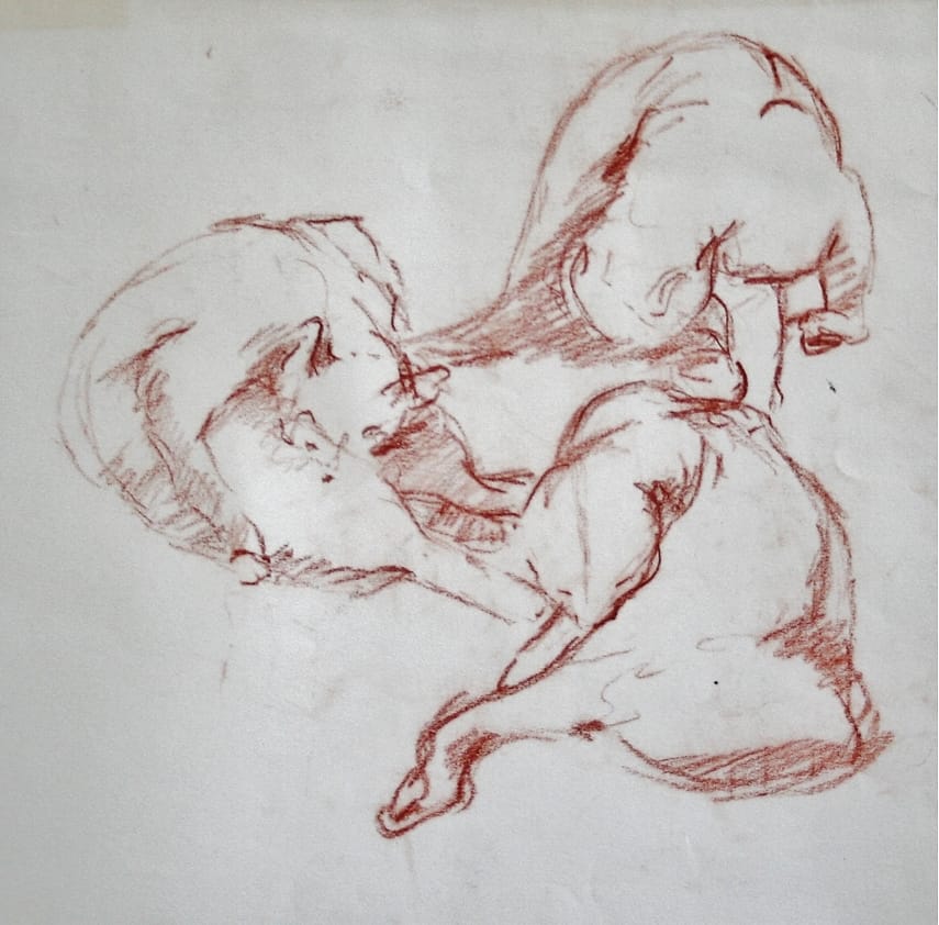 Drawing of a cat washing itself in three positions, drawn with red chalk.