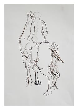 Drawing of a rider on his horse, seen from the back.