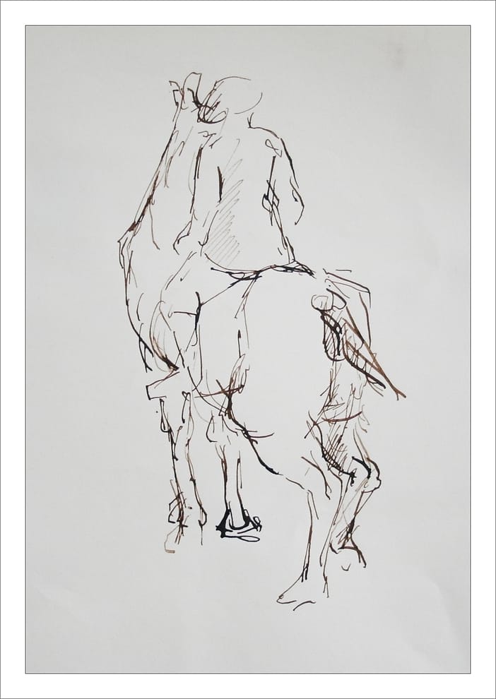 Drawing of a rider on his horse, seen from the back.