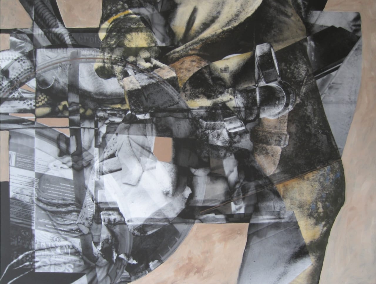 Abstract industrial lines and forms in black, beige and gray.