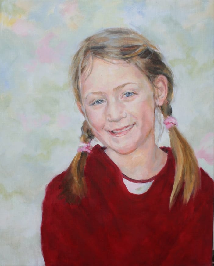 Girl with darkblond braids and a darkred sweater against a background of blue, green and pink pastel shades.
