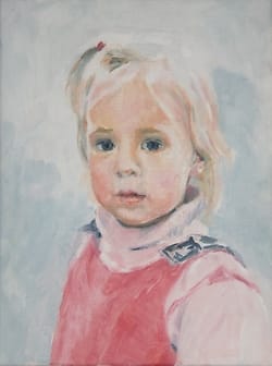 Small, contemplative girl with blond hair. Soft colors with blue and pink.
