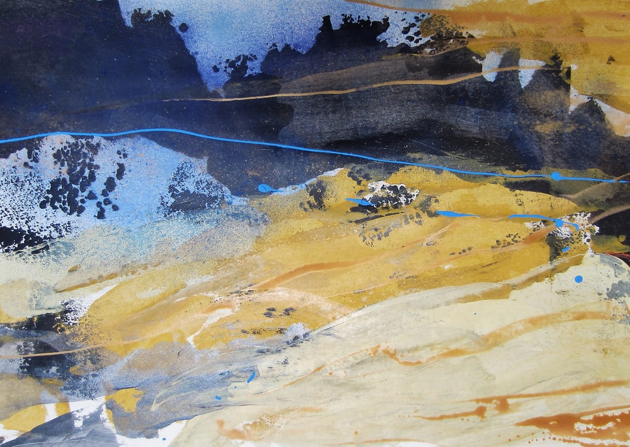 Flowing forms of shades of blue, resembling sand blowing in front of a dark forest.