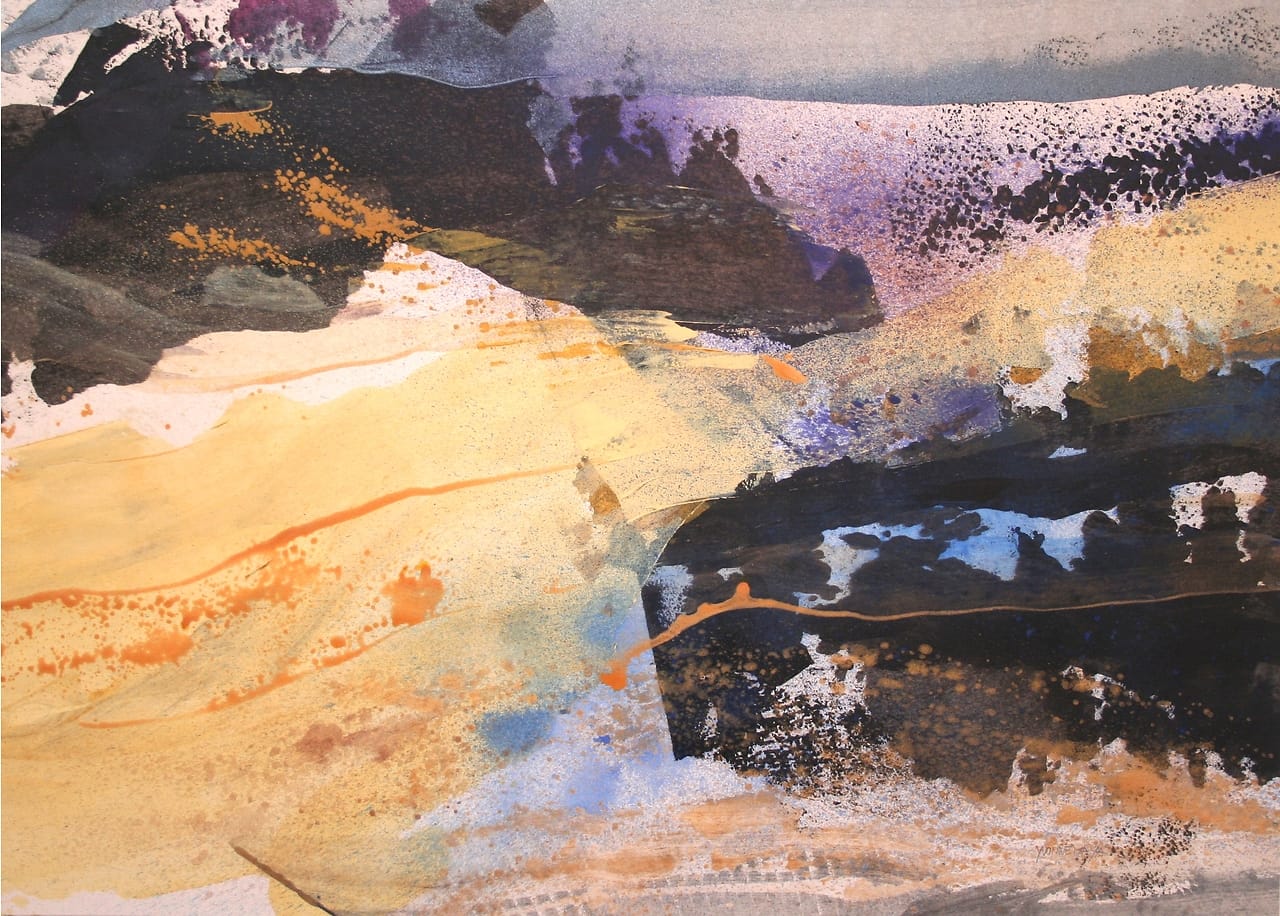 Abstract landscape in flowing forms in shades of blue.