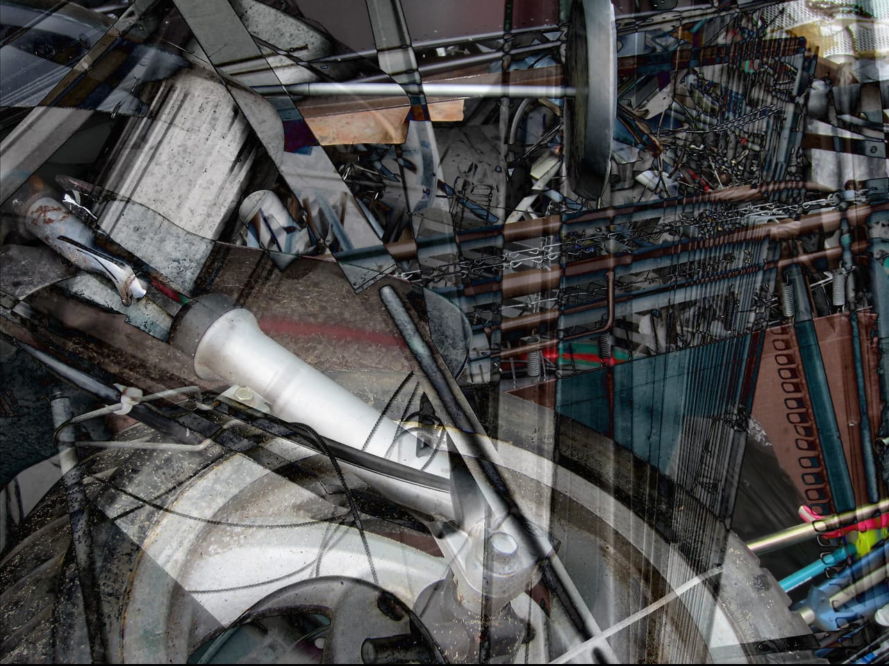 Digital collage made from photos of the waste in a waste processing station.