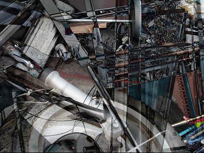 Digital collage made from photos of the waste in a waste processing station.