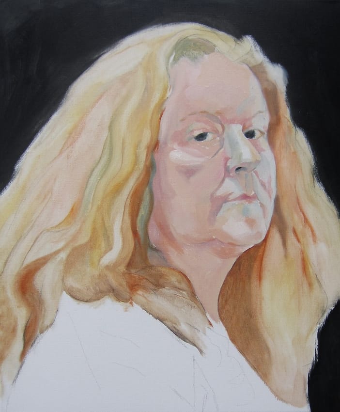 Realistic portrait of an old woman looking offhandly with flowing red hair against a darkblue background.