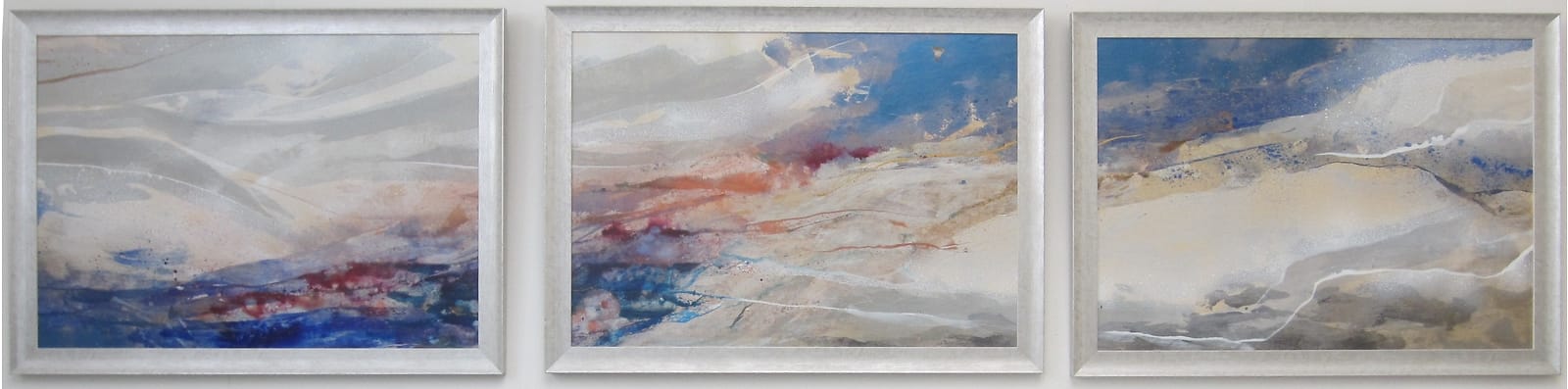 Abstract calm, snowy landscape with large white. silver and blue areas divided over a three part triptych.