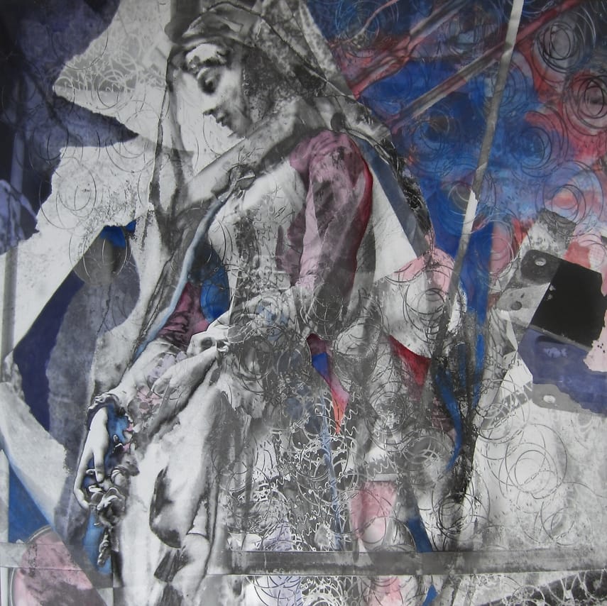 Madonna-like veil-wearing woman in a 17th century dress.