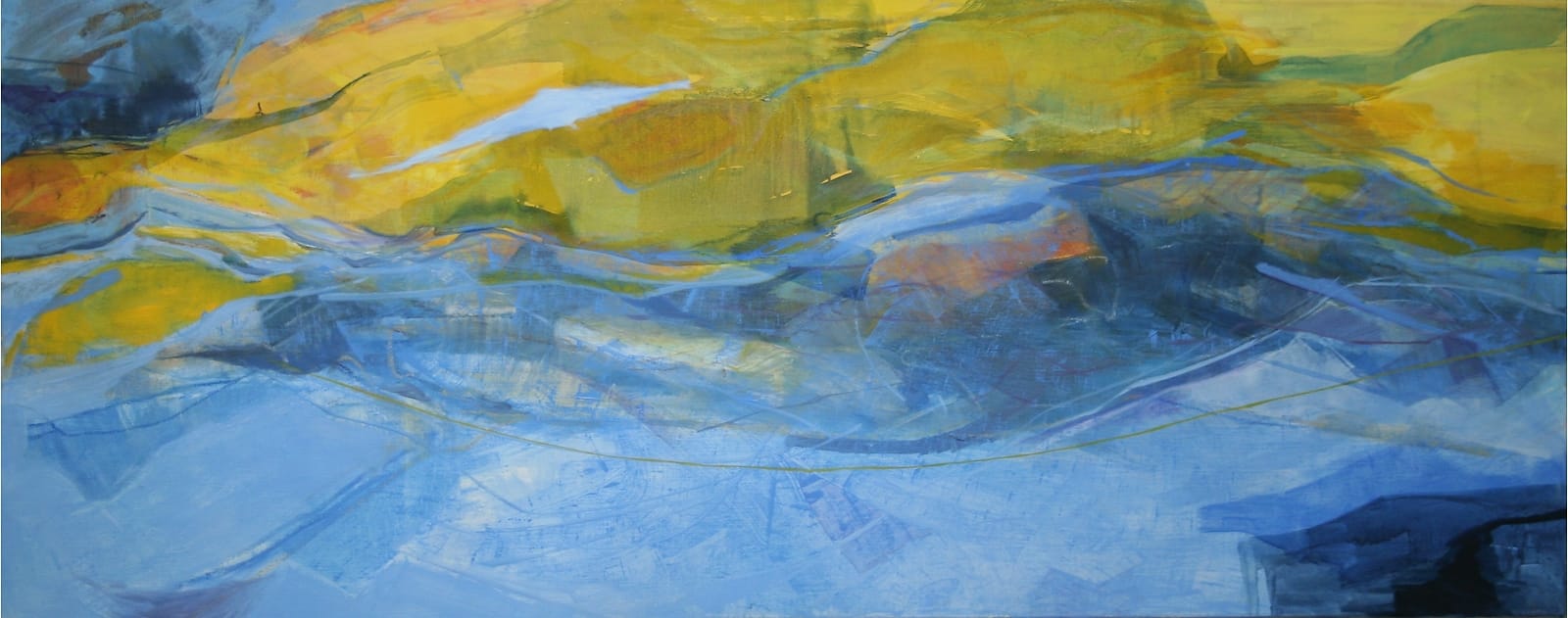 A big abstract beach, seen from above, with blue from the bottom and yellow from above clashing at the high water mark in the center.