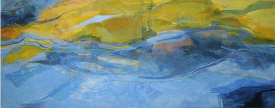 A big abstract beach, seen from above, with blue from the bottom and yellow from above clashing at the high water mark in the center.