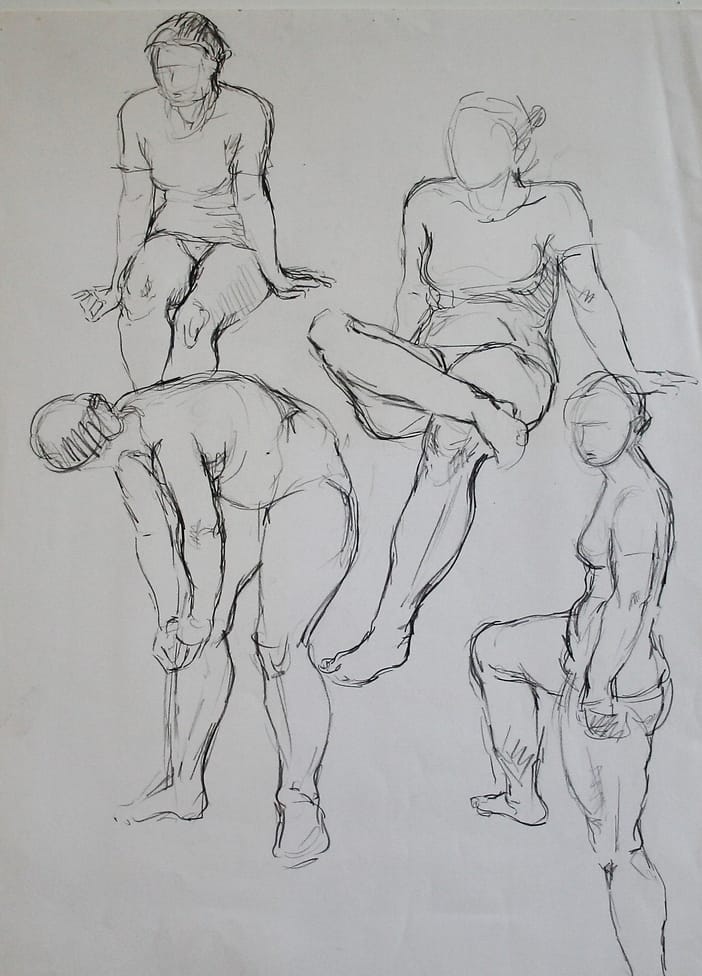 Pencildrawings of a model posing in four different positions.