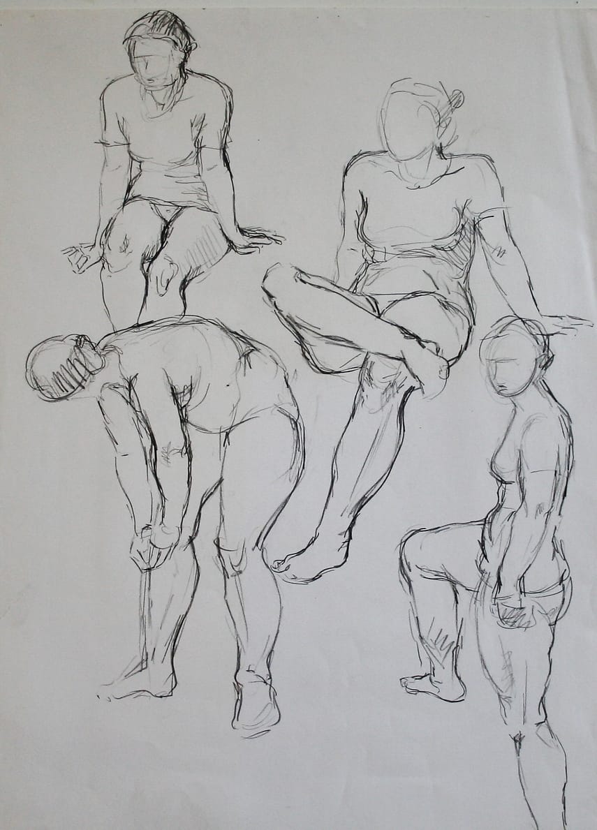 Pencildrawings of a model posing in four different positions.