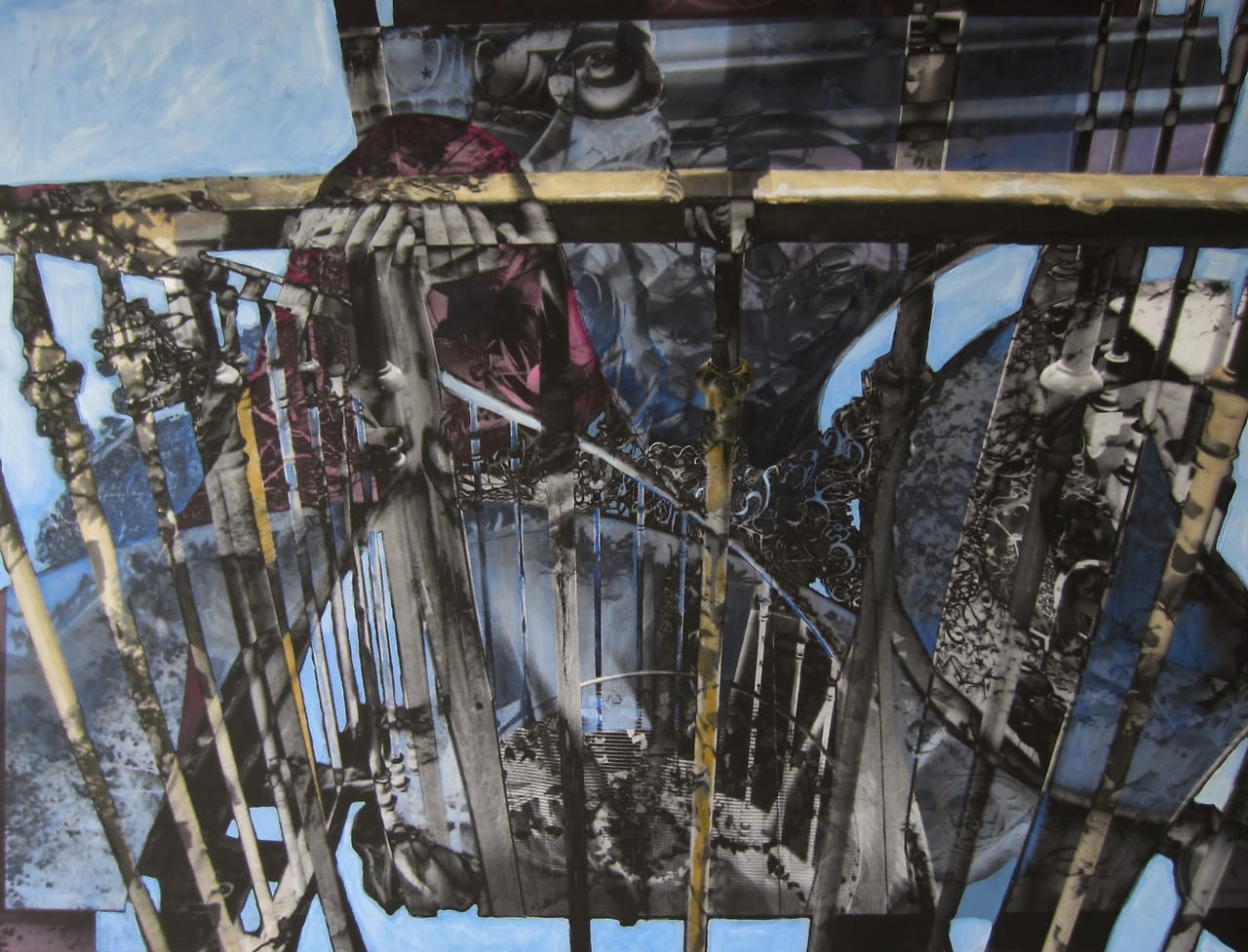 Abstract digital collage of a winding staircase with French fencing.