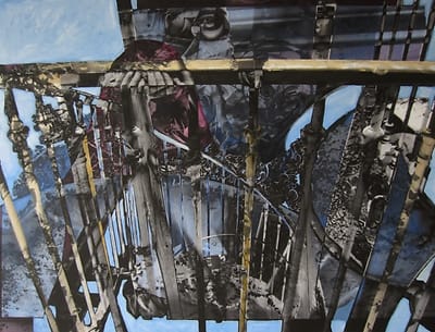 Abstract digital collage of a winding staircase with French fencing.