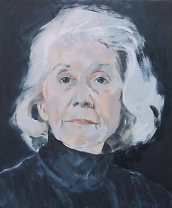 Oil portrait of a confident looking older woman with gray hair on a darkblue background.