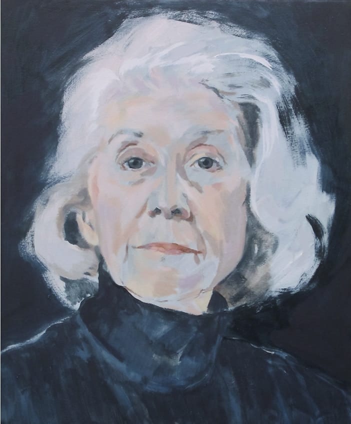 Oil portrait of a confident looking older woman with gray hair on a darkblue background.