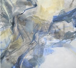 Rock formations with beachgrass, painted abstractly with large areas of soft colors and playful lines.
