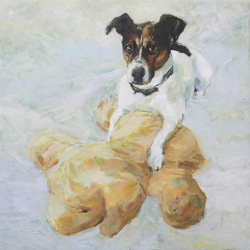 Painting of a dog (Jack Russel) playing with a toy between his legs.